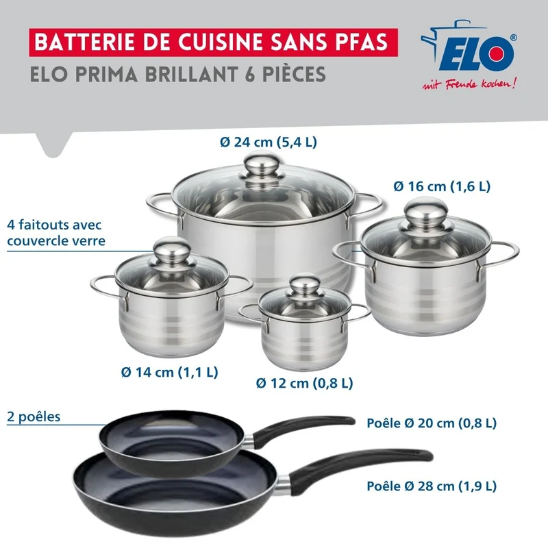 Ensemble de 2 Poêles de cuisson 20 et 28 cm et 4 faitouts 12, 14, 16 et 24 cm Elo Prima Brillant