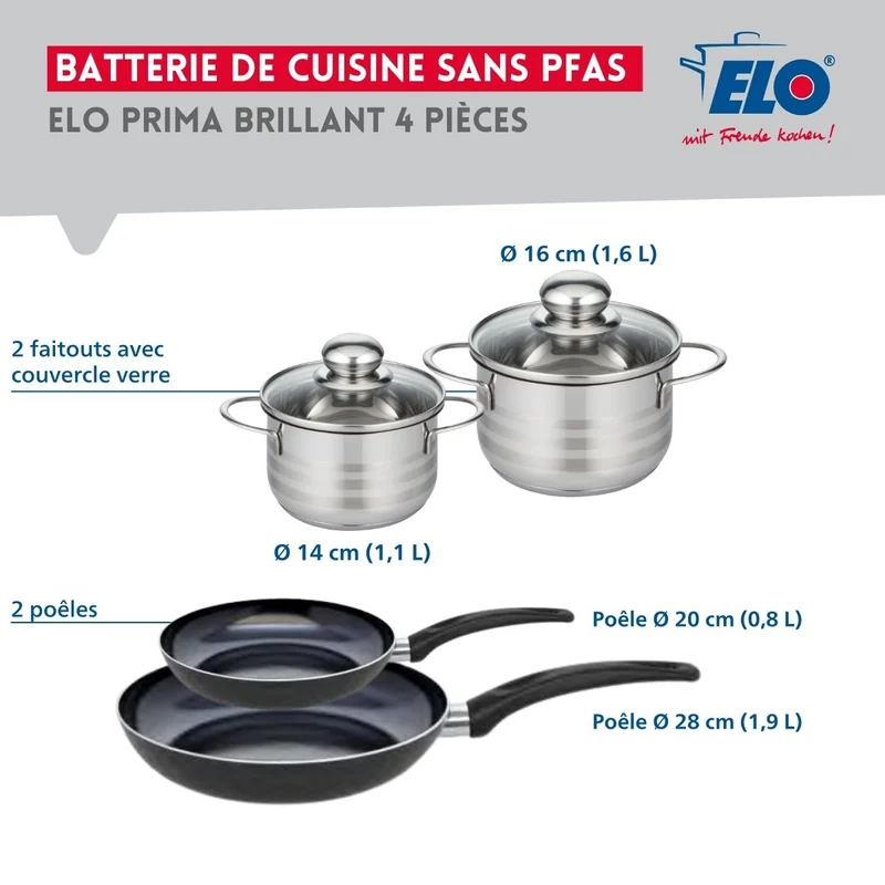 Ensemble de 2 Poêles de cuisson 20 et 28 cm et 2 faitouts 14 et 16 cm Elo Prima Brillant