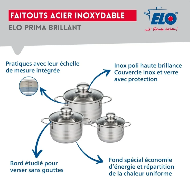 Ensemble de 2 Poêles de cuisson 20 et 24 cm et 3 faitouts 12, 14 et 16 cm Elo Prima Brillant