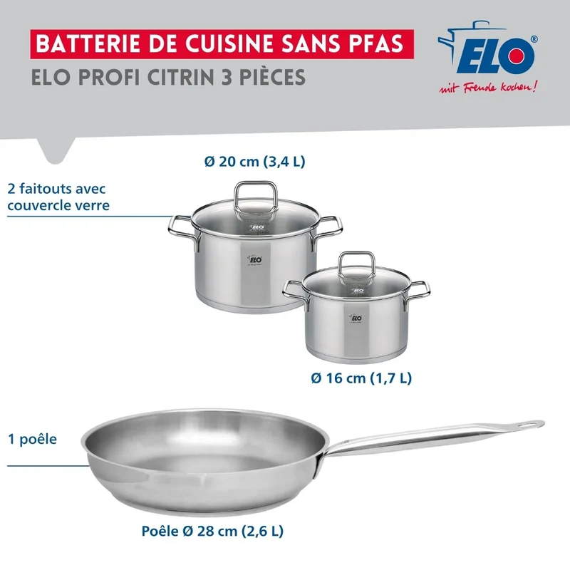Ensemble de 1 Poêle de cuisson 28 cm et 2 faitouts 16 et 20 cm Elo Profi Citrin