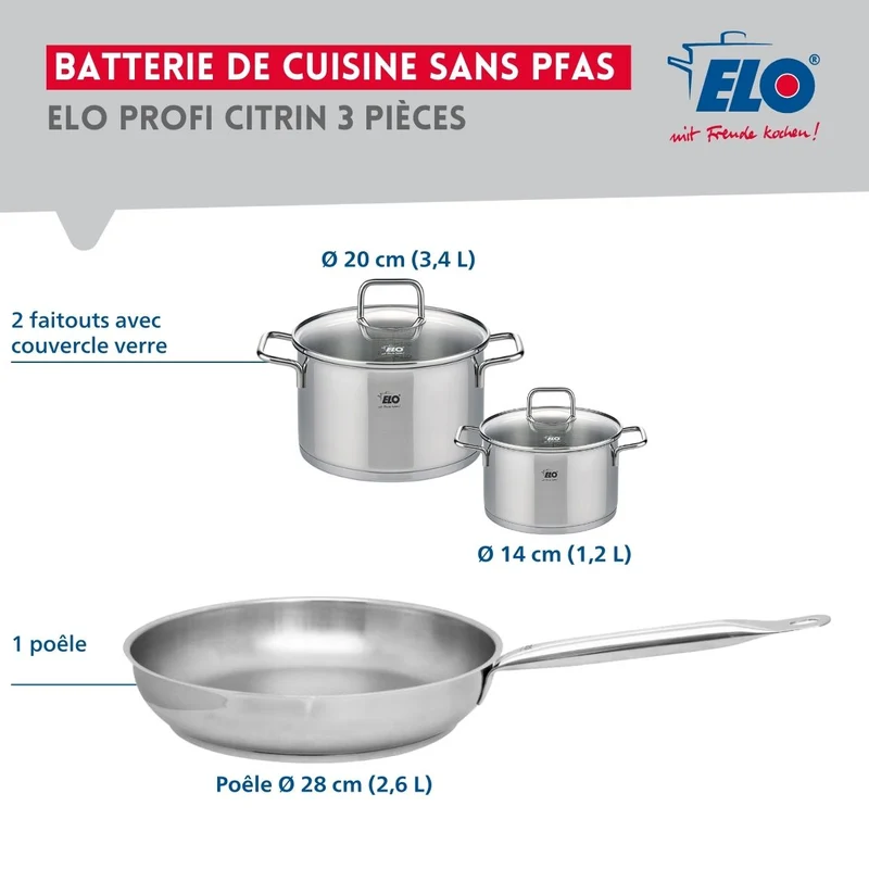 Ensemble de 1 Poêle de cuisson 28 cm et 2 faitouts 14 et 20 cm Elo Profi Citrin
