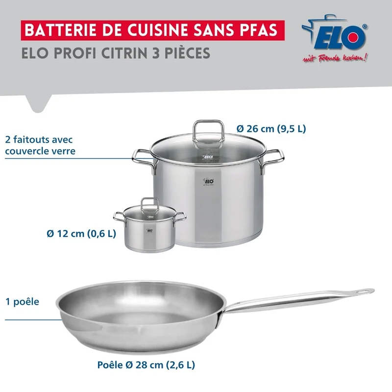 Ensemble de 1 Poêle de cuisson 28 cm et 2 faitouts 12 et 26 cm Elo Profi Citrin