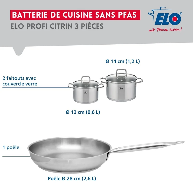 Ensemble de 1 Poêle de cuisson 28 cm et 2 faitouts 12 et 14 cm Elo Profi Citrin