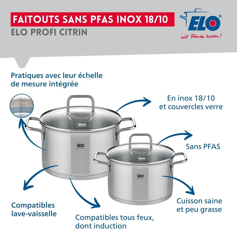 Ensemble de 1 Poêle de cuisson 28 cm et 2 faitouts 12 et 14 cm Elo Profi Citrin