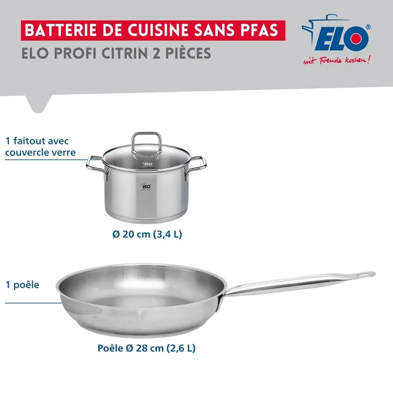 Ensemble de 1 Poêle de cuisson 28 cm et 1 faitout 20 cm Elo Profi Citrin