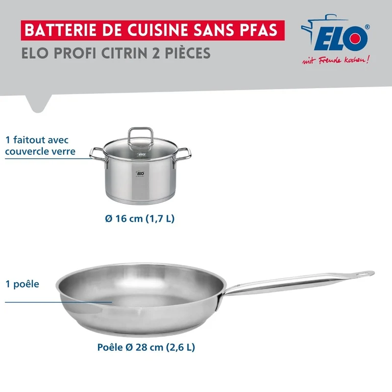 Ensemble de 1 Poêle de cuisson 28 cm et 1 faitout 16 cm Elo Profi Citrin