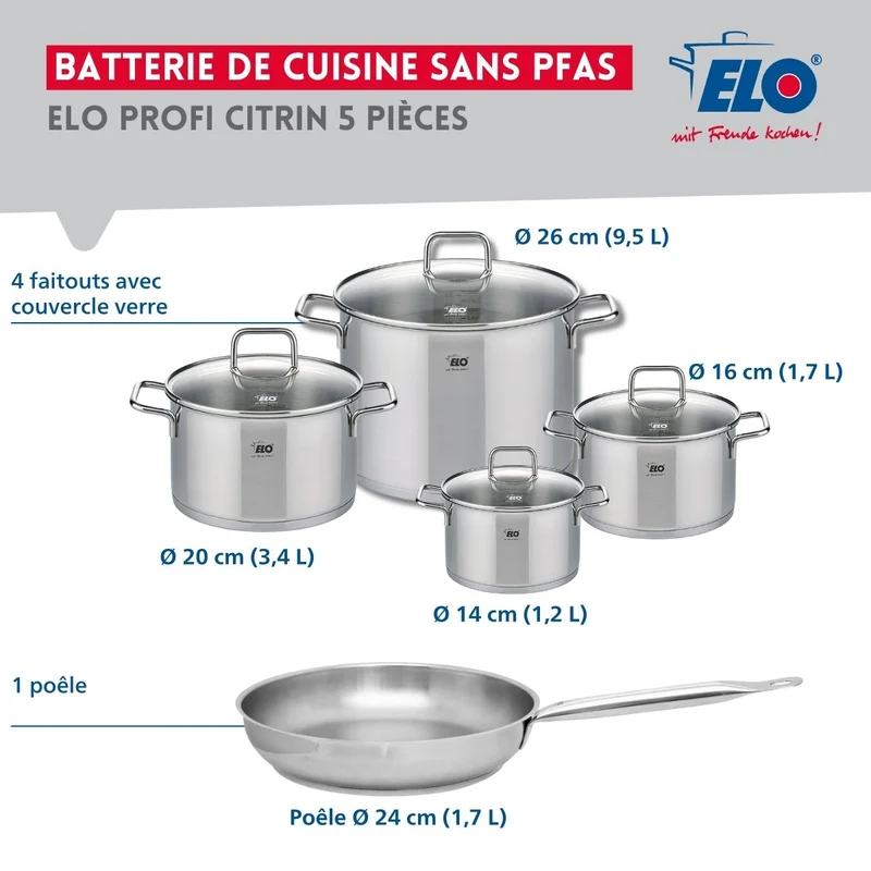Ensemble de 1 Poêle de cuisson 24 cm et 4 faitouts 14, 16, 20 et 26 cm Elo Profi Citrin