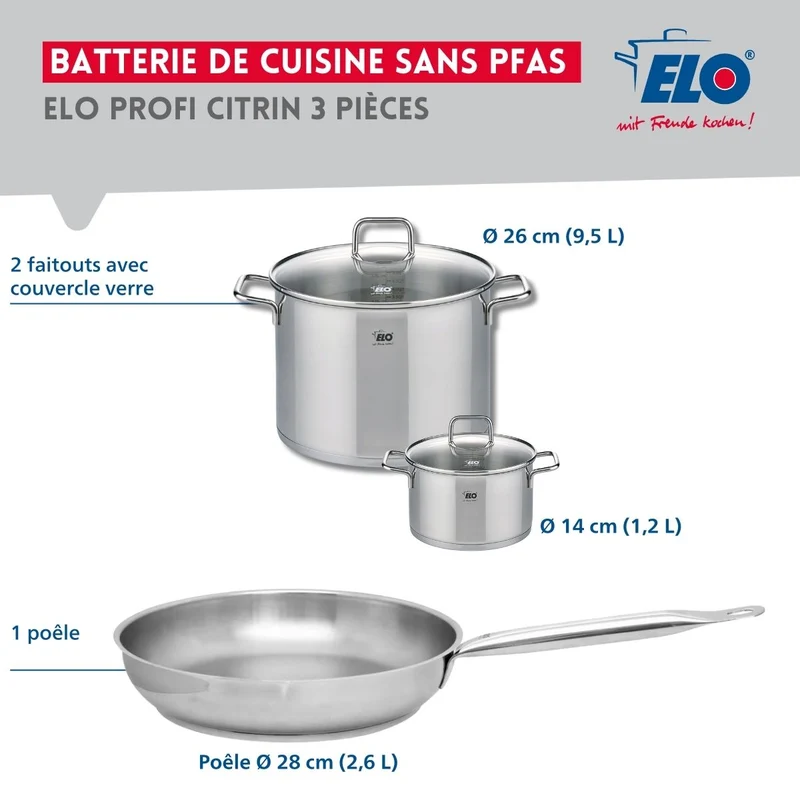 Ensemble de 1 Poêle de cuisson 28 cm et 2 faitouts 14 et 26 cm Elo Profi Citrin