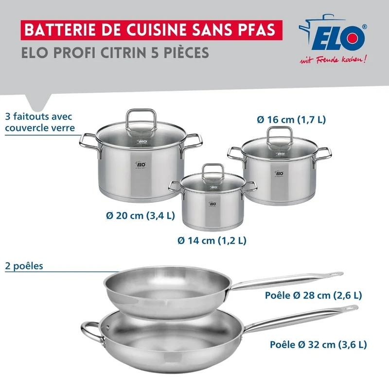 Ensemble de 2 Poêles de cuisson 28 et 32 cm et 3 faitouts 14, 16 et 20 cm Elo Profi Citrin