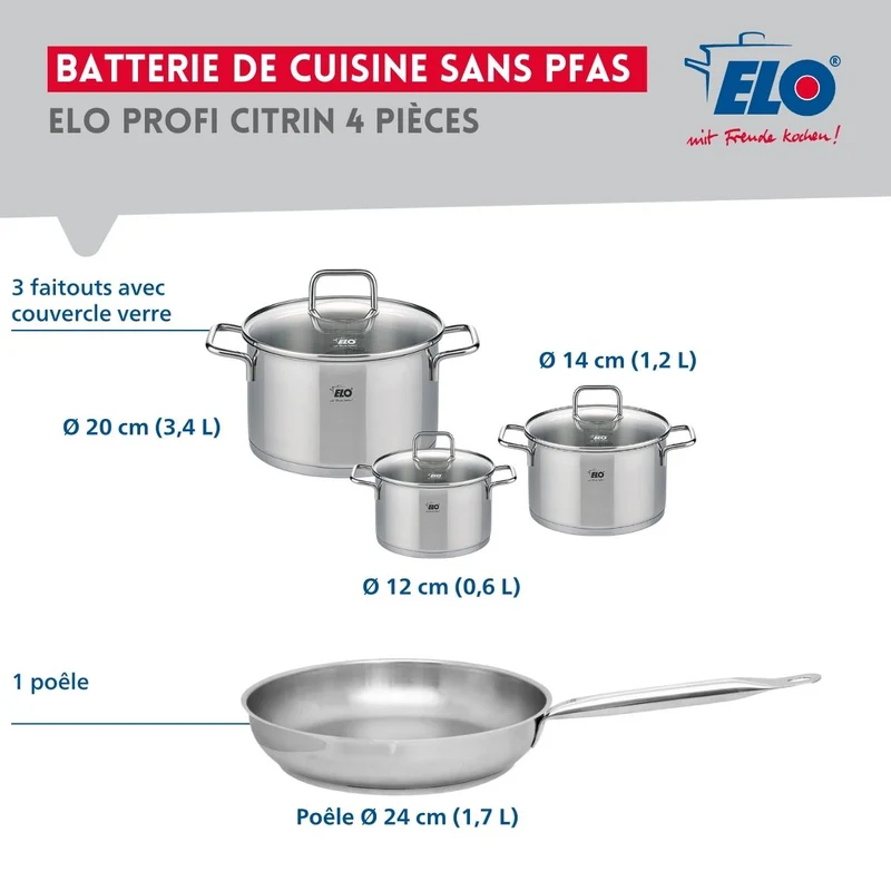 Ensemble de 1 Poêle de cuisson 24 cm et 3 faitouts 12, 14 et 20 cm Elo Profi Citrin