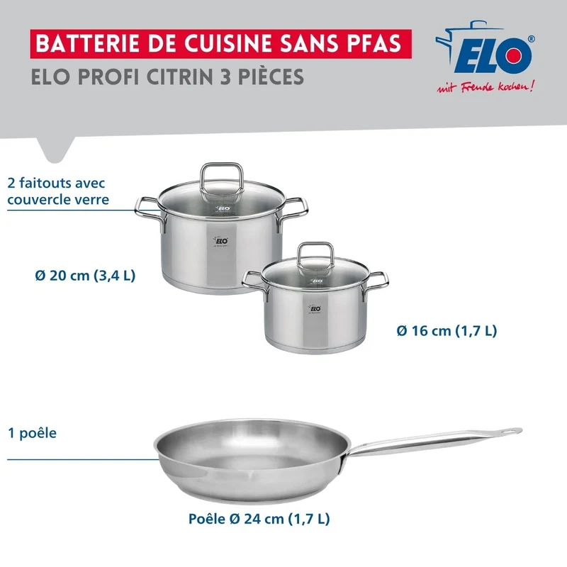 Ensemble de 1 Poêle de cuisson 24 cm et 2 faitouts 16 et 20 cm Elo Profi Citrin