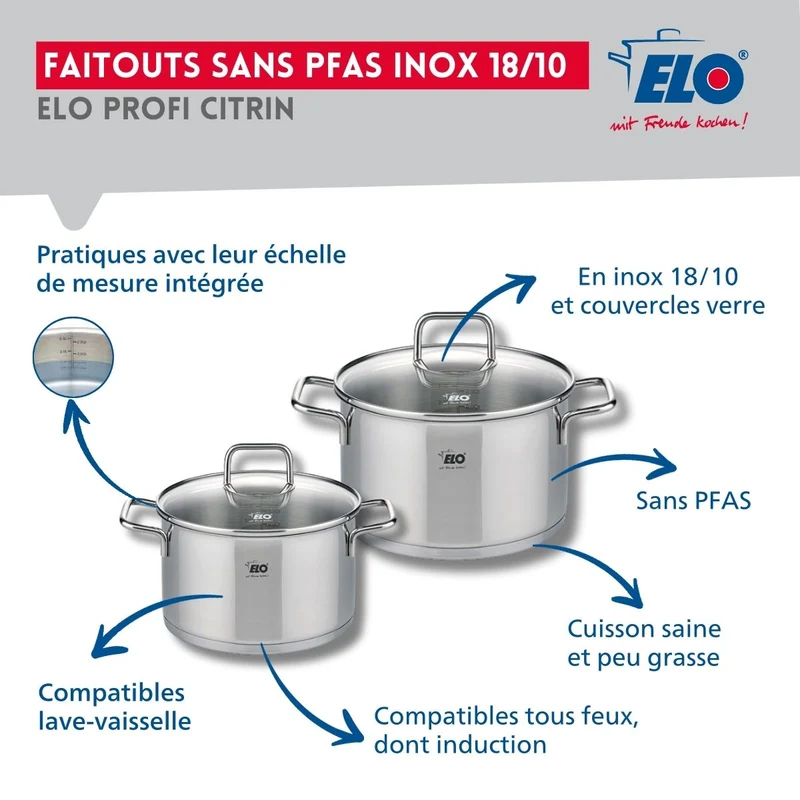 Ensemble de 1 Poêle de cuisson 24 cm et 2 faitouts 14 et 16 cm Elo Profi Citrin