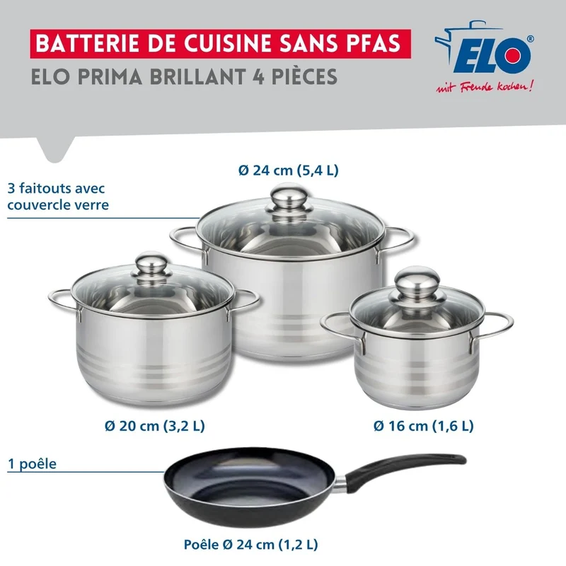 Ensemble de 1 Poêle de cuisson 24 cm et 3 faitouts 16, 20 et 24 cm Elo Prima Brillant