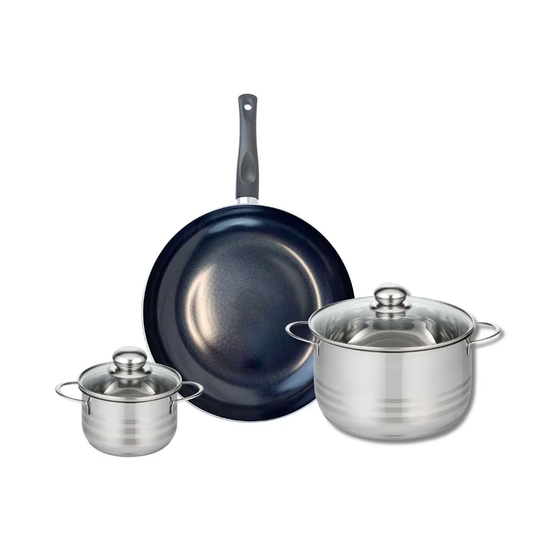 Ensemble de 1 Poêle de cuisson 32 cm et 2 faitouts 14 et 24 cm Elo Prima Brillant
