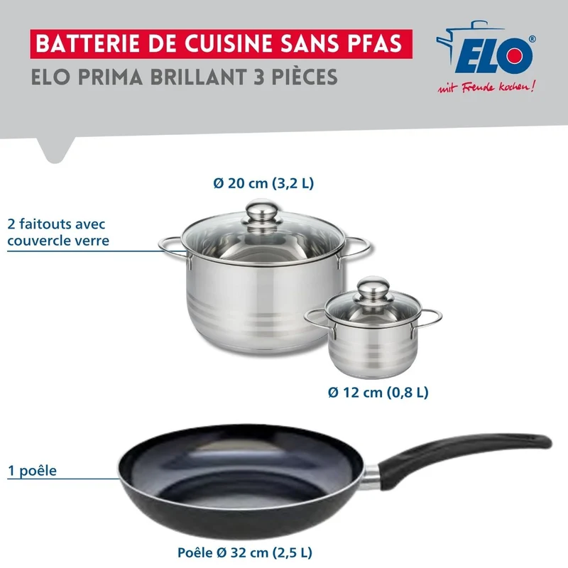Ensemble de 1 Poêle de cuisson 32 cm et 2 faitouts 12 et 20 cm Elo Prima Brillant