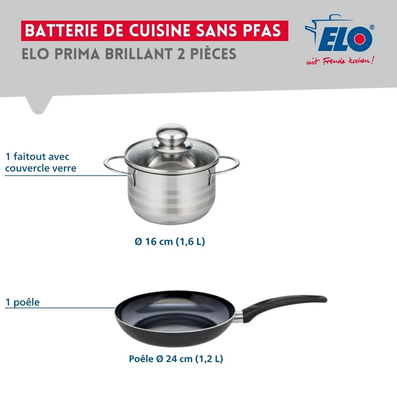 Ensemble de 1 Poêle de cuisson 24 cm et 1 faitout 16 cm Elo Prima Brillant