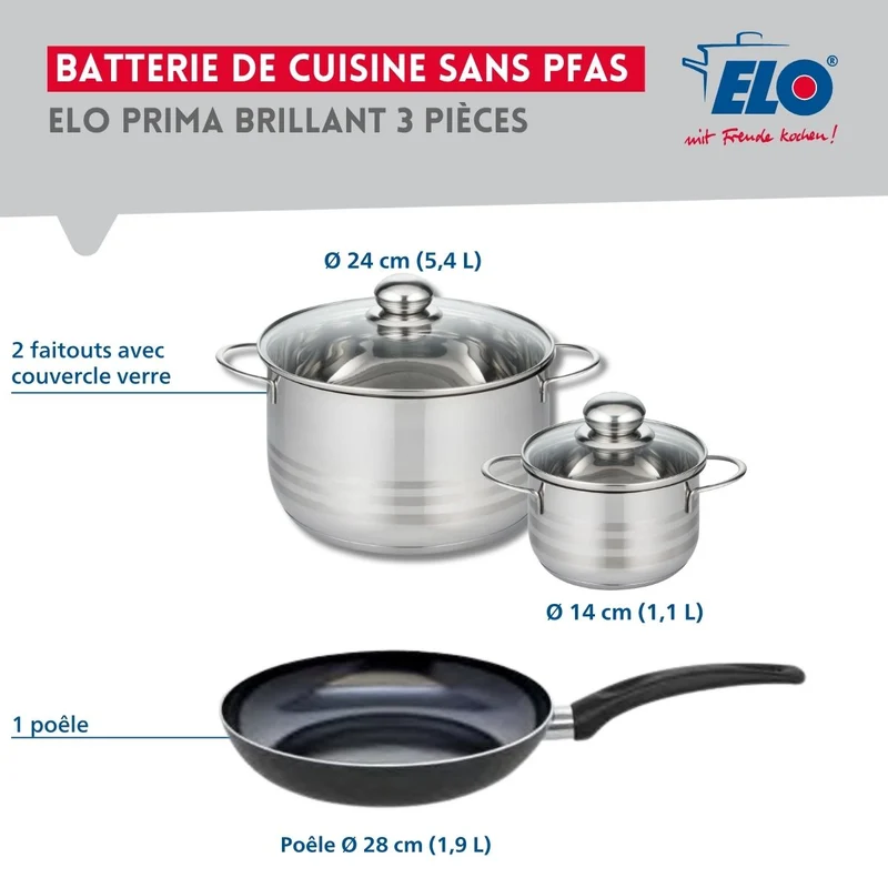 Ensemble de 1 Poêle de cuisson 28 cm et 2 faitouts 14 et 24 cm Elo Prima Brillant