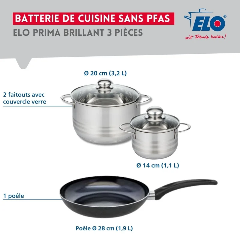 Ensemble de 1 Poêle de cuisson 28 cm et 2 faitouts 14 et 20 cm Elo Prima Brillant