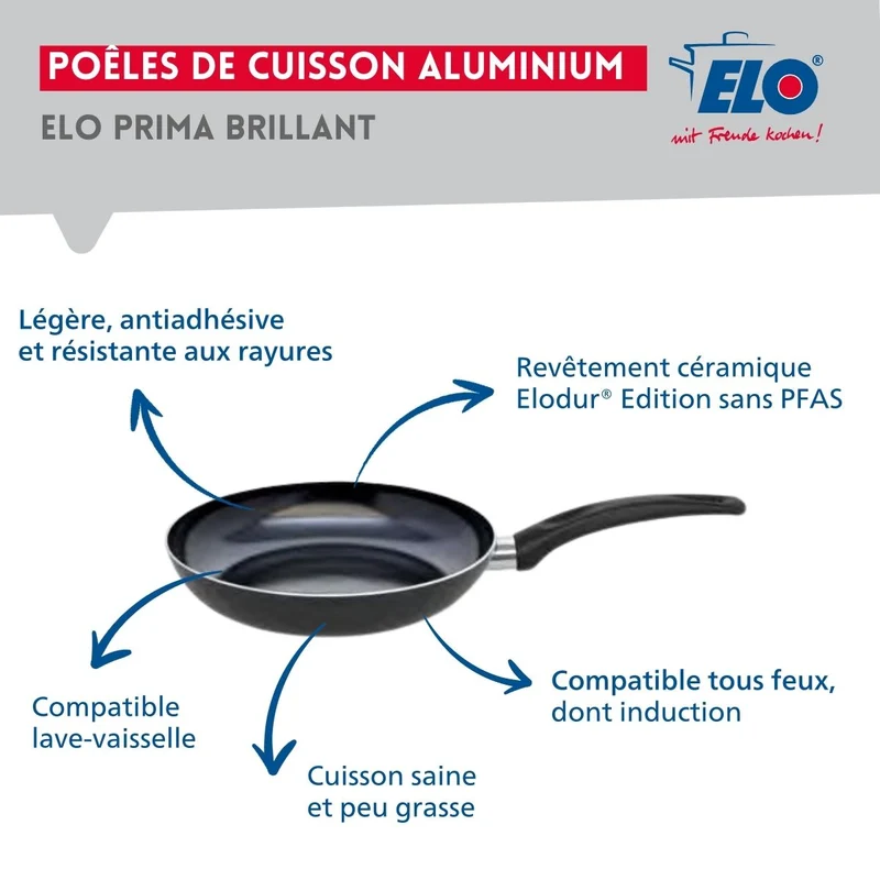 Ensemble de 1 Poêle de cuisson 28 cm et 2 faitouts 14 et 16 cm Elo Prima Brillant