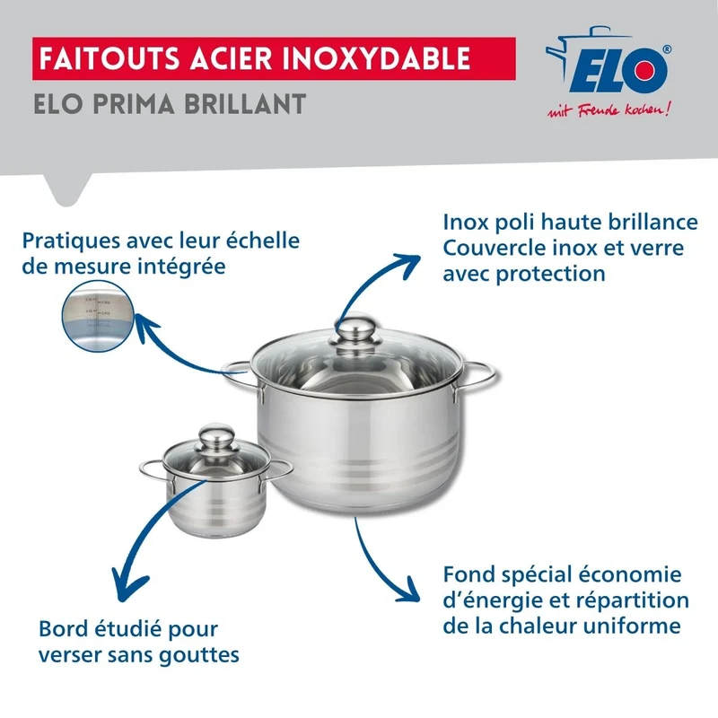 Ensemble de 1 Poêle de cuisson 28 cm et 2 faitouts 12 et 24 cm Elo Prima Brillant