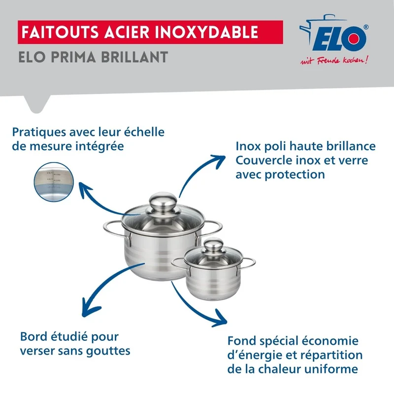 Ensemble de 1 Poêle de cuisson 28 cm et 2 faitouts 12 et 16 cm Elo Prima Brillant