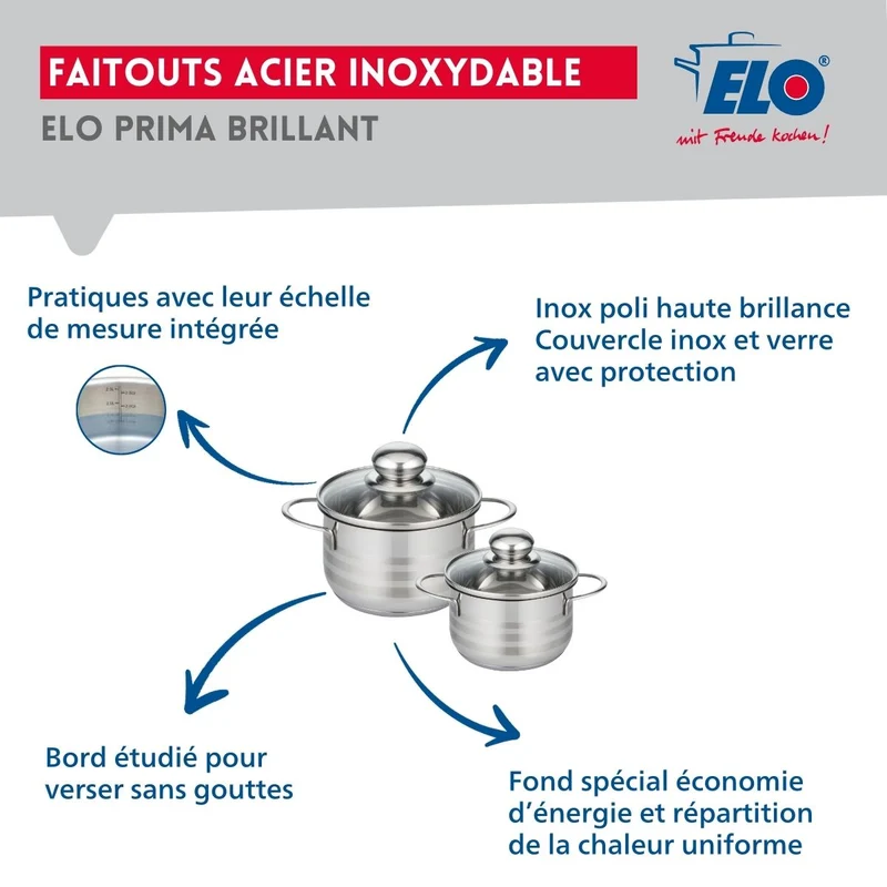 Ensemble de 1 Poêle de cuisson 28 cm et 2 faitouts 12 et 14 cm Elo Prima Brillant