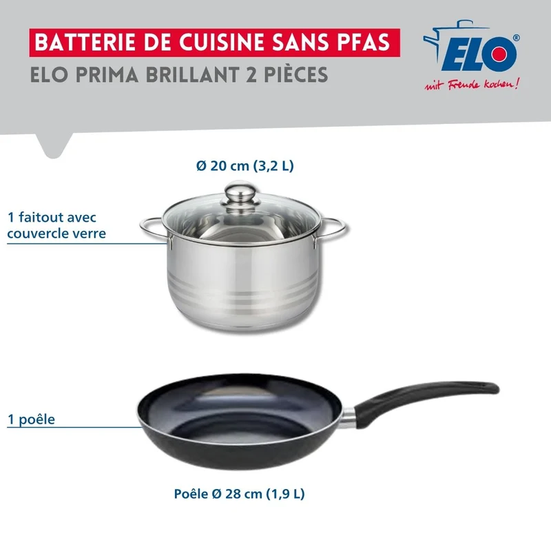 Ensemble de 1 Poêle de cuisson 28 cm et 1 faitout 20 cm Elo Prima Brillant