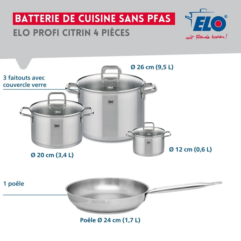Ensemble de 1 Poêle de cuisson 24 cm et 3 faitouts 12, 20 et 26 cm Elo Profi Citrin