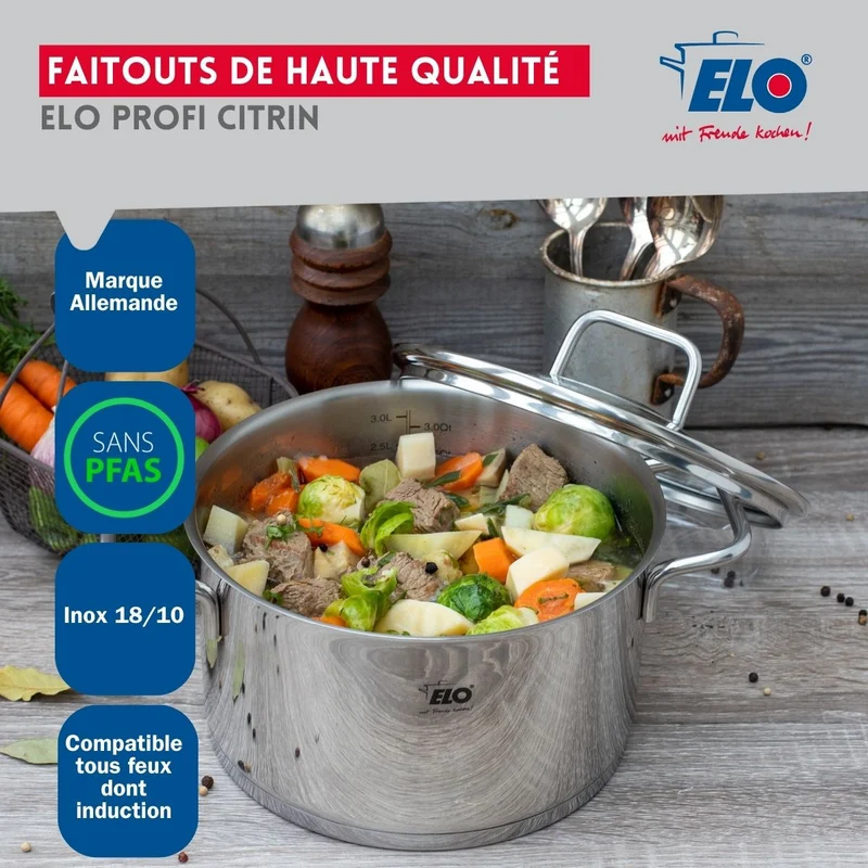 Ensemble de 1 Poêle de cuisson 24 cm et 3 faitouts 12, 16 et 26 cm Elo Profi Citrin