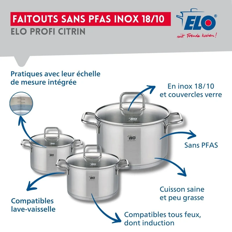 Ensemble de 1 Poêle de cuisson 24 cm et 3 faitouts 12, 16 et 20 cm Elo Profi Citrin