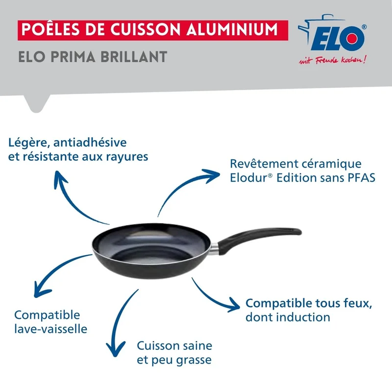 Ensemble de 1 Poêle de cuisson 24 cm et 2 faitouts 16 et 20 cm Elo Prima Brillant