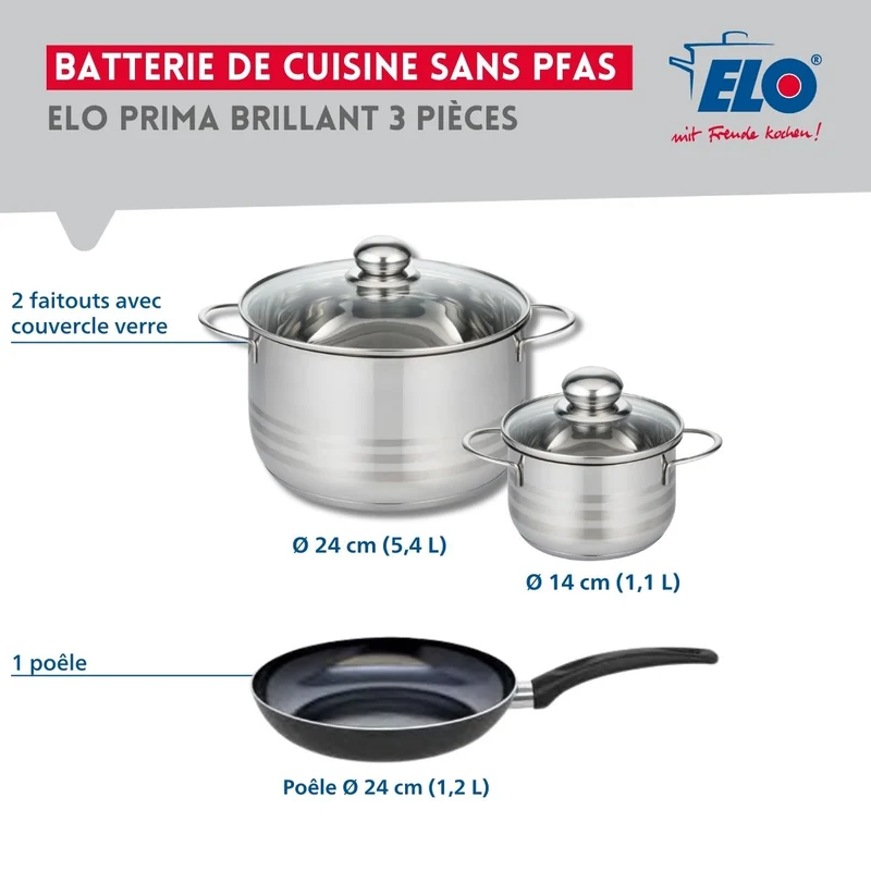 Ensemble de 1 Poêle de cuisson 24 cm et 2 faitouts 14 et 24 cm Elo Prima Brillant