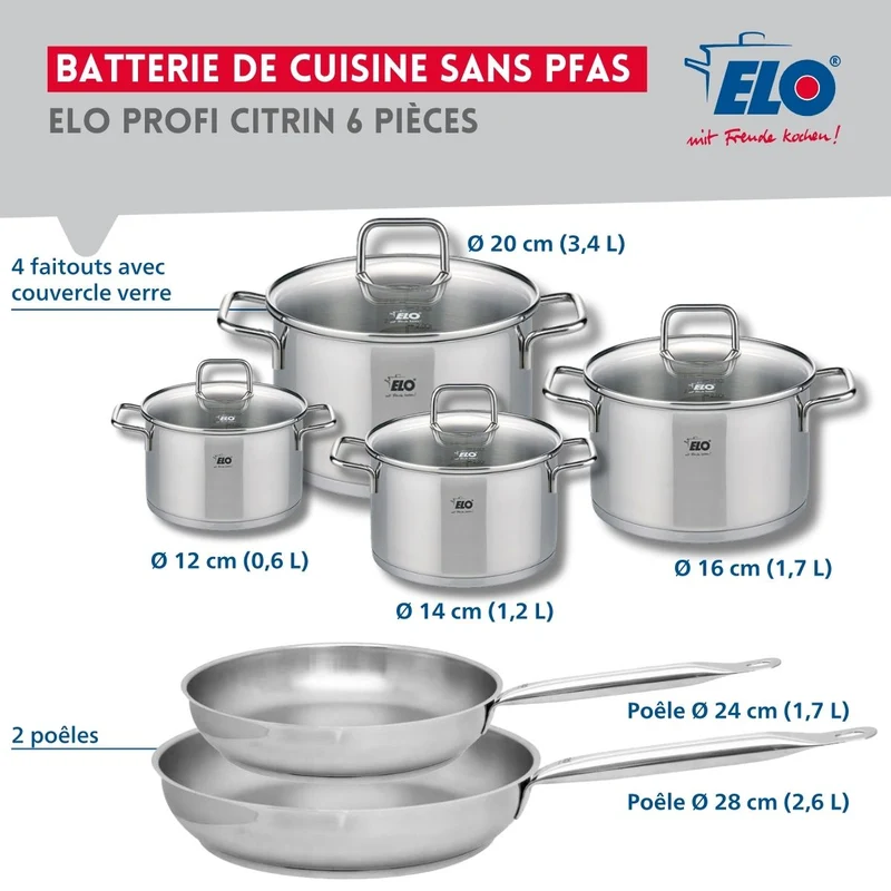 Ensemble de 2 Poêles de cuisson 24 et 28 cm et 4 faitouts 12, 14, 16 et 20 cm Elo Profi Citrin