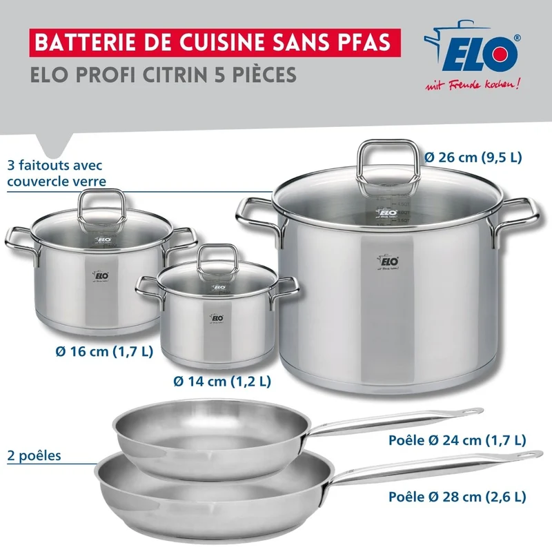Ensemble de 2 Poêles de cuisson 24 et 28 cm et 3 faitouts 14, 16 et 26 cm Elo Profi Citrin