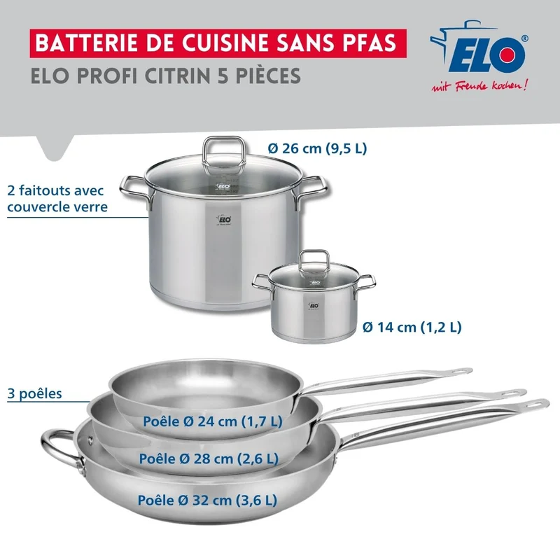 Ensemble de 3 Poêles de cuisson 24, 28 et 32 cm et 2 faitouts 14 et 26 cm Elo Profi Citrin