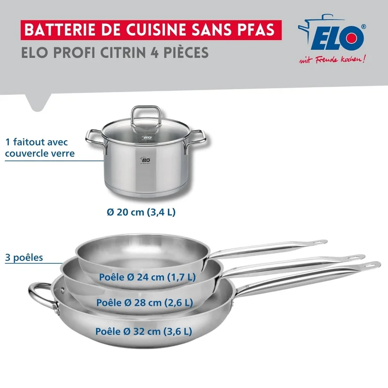 Ensemble de 3 Poêles de cuisson 24, 28 et 32 cm et 1 faitout 20 cm Elo Profi Citrin