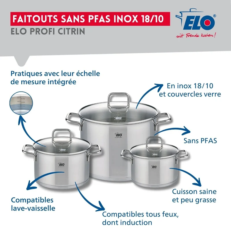 Ensemble de 1 Poêle de cuisson 28 cm et 3 faitouts 16, 20 et 26 cm Elo Profi Citrin