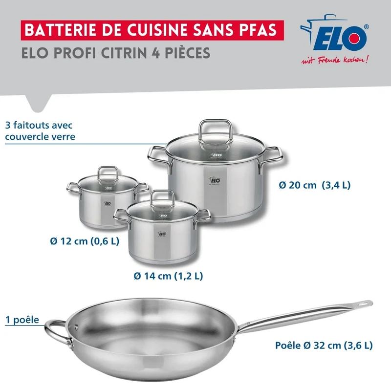 Set de 1 Poêle de cuisson 32 cm et 3 faitouts 12, 14 et 20 cm Elo Profi Citrin
