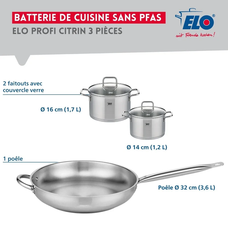 Ensemble de 1 Poêle de cuisson 32 cm et 2 faitouts 14 et 16 cm Elo Profi Citrin
