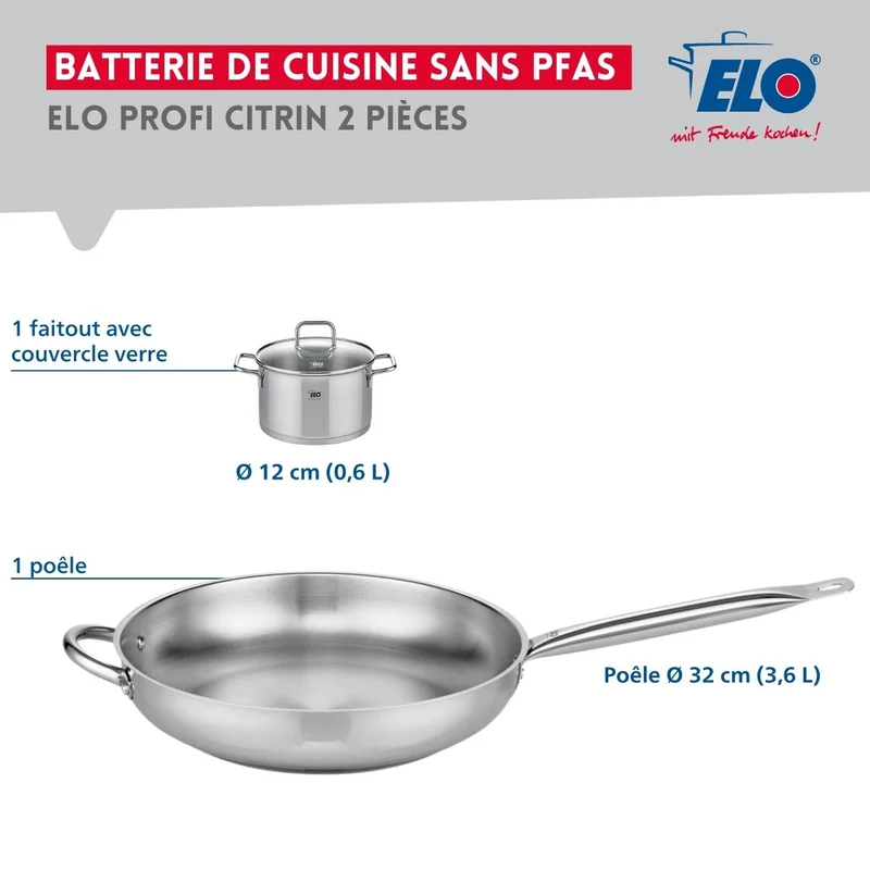 Ensemble de 1 Poêle de cuisson 32 cm et 1 faitout 12 cm Elo Profi Citrin