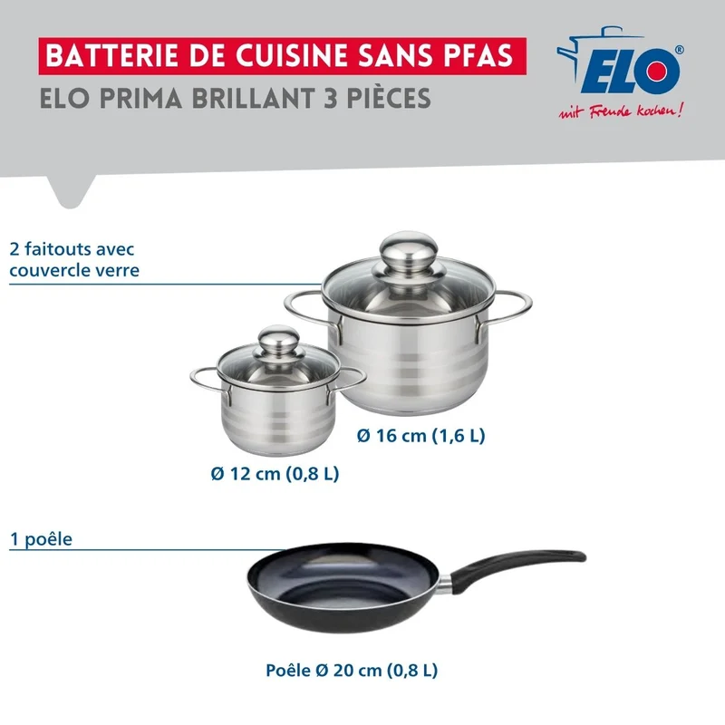 Ensemble de 1 Poêle de cuisson 20 cm et 2 faitouts 12 et 16 cm Elo Prima Brillant