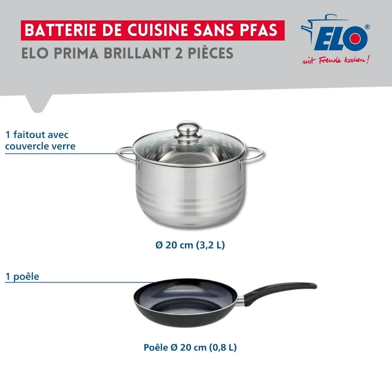 Ensemble de 1 Poêle de cuisson 20 cm et 1 faitout 20 cm Elo Prima Brillant
