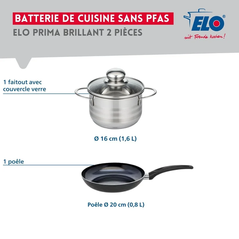 Ensemble de 1 Poêle de cuisson 20 cm et 1 faitout 16 cm Elo Prima Brillant