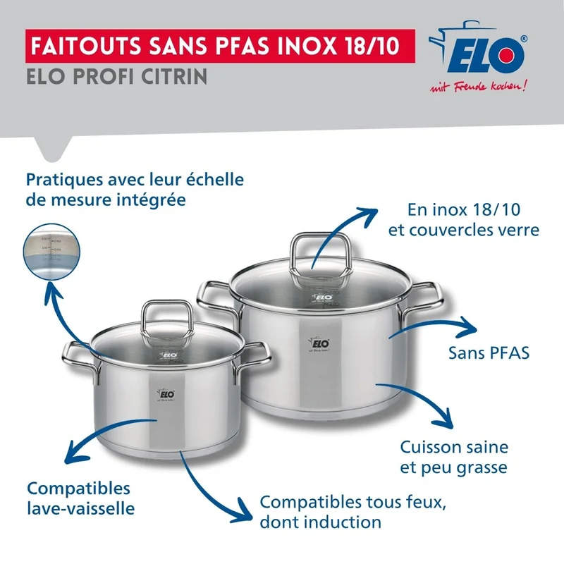 Ensemble de 2 Poêles de cuisson 28 et 32 cm et 2 faitouts 16 et 20 cm Elo Profi Citrin
