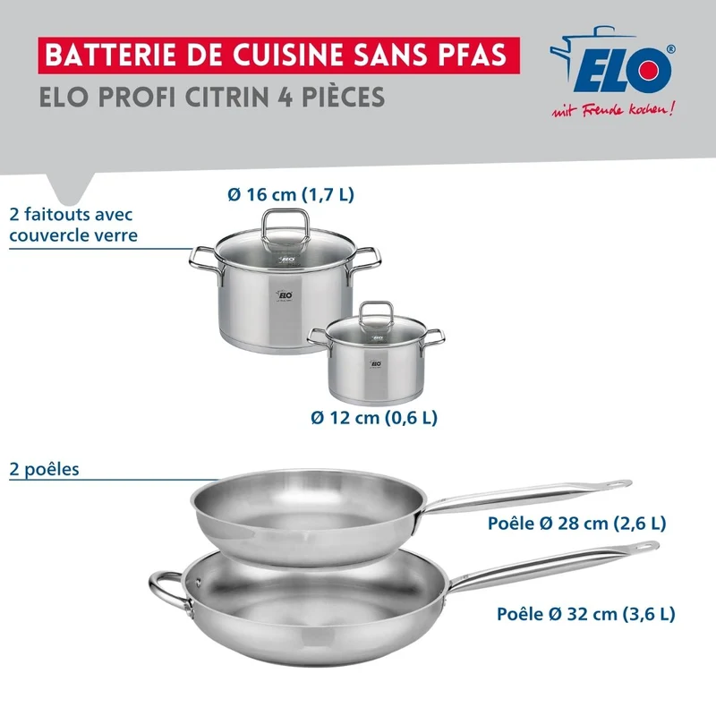 Ensemble de 2 Poêles de cuisson 28 et 32 cm et 2 faitouts 12 et 16 cm Elo Profi Citrin