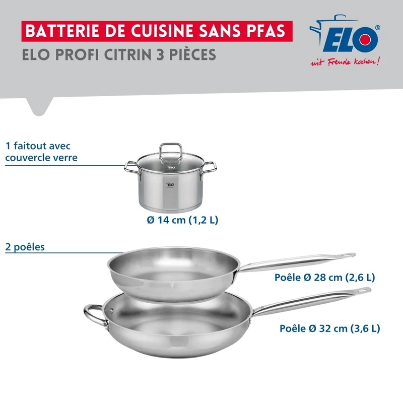 Ensemble de 2 Poêles de cuisson 28 et 32 cm et 1 faitout 14 cm Elo Profi Citrin