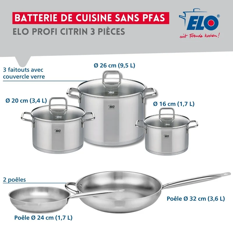 Ensemble de 2 Poêles de cuisson 24 et 32 cm et 3 faitouts 16, 20 et 26 cm Elo Profi Citrin