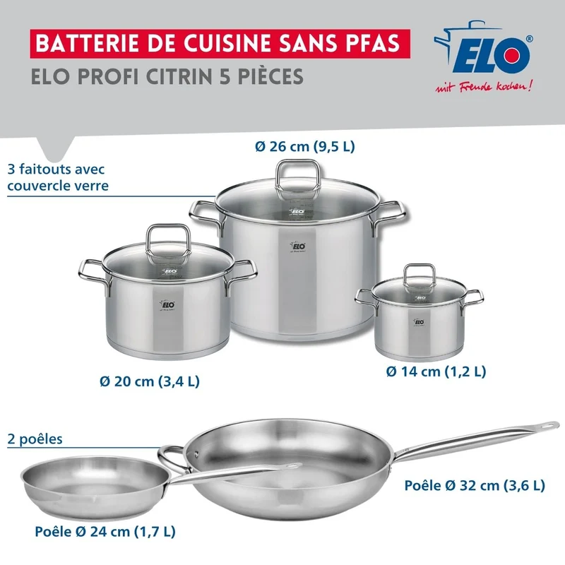 Ensemble de 2 Poêles de cuisson 24 et 32 cm et 3 faitouts 14, 20 et 26 cm Elo Profi Citrin