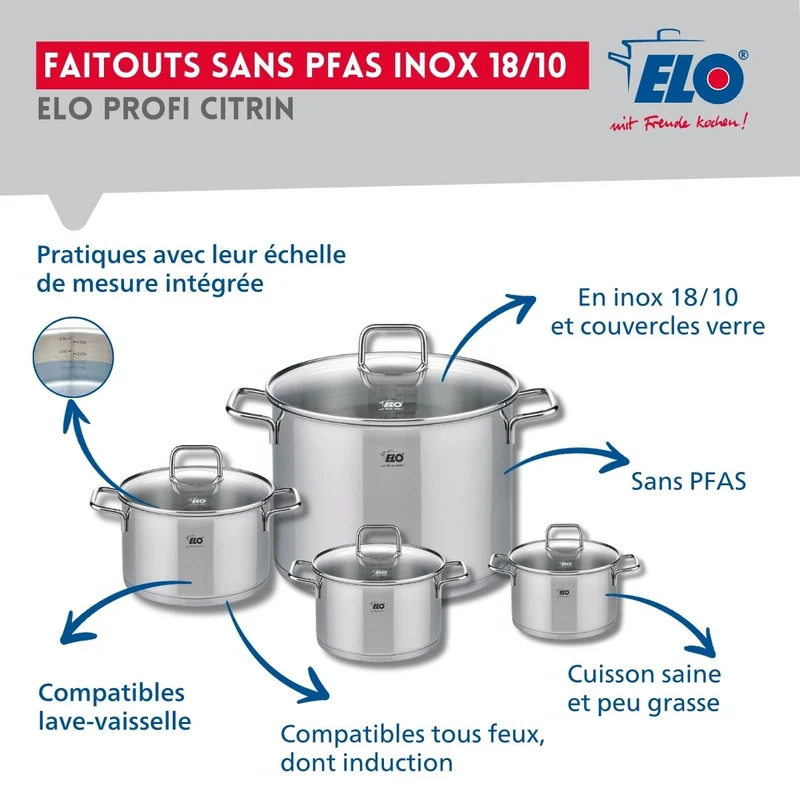 Ensemble de 3 Poêles de cuisson 24, 28 et 32 cm et 4 faitouts 12, 14, 16 et 26 cm Elo Profi Citrin