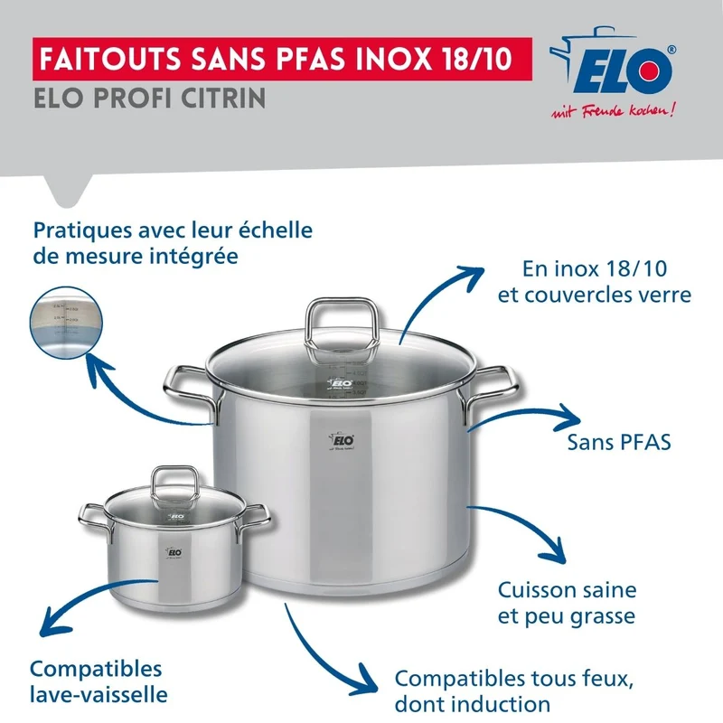 Set de 2 Poêles de cuisson 24 et 28 cm et 2 faitouts 14 et 26 cm Elo Profi Citrin